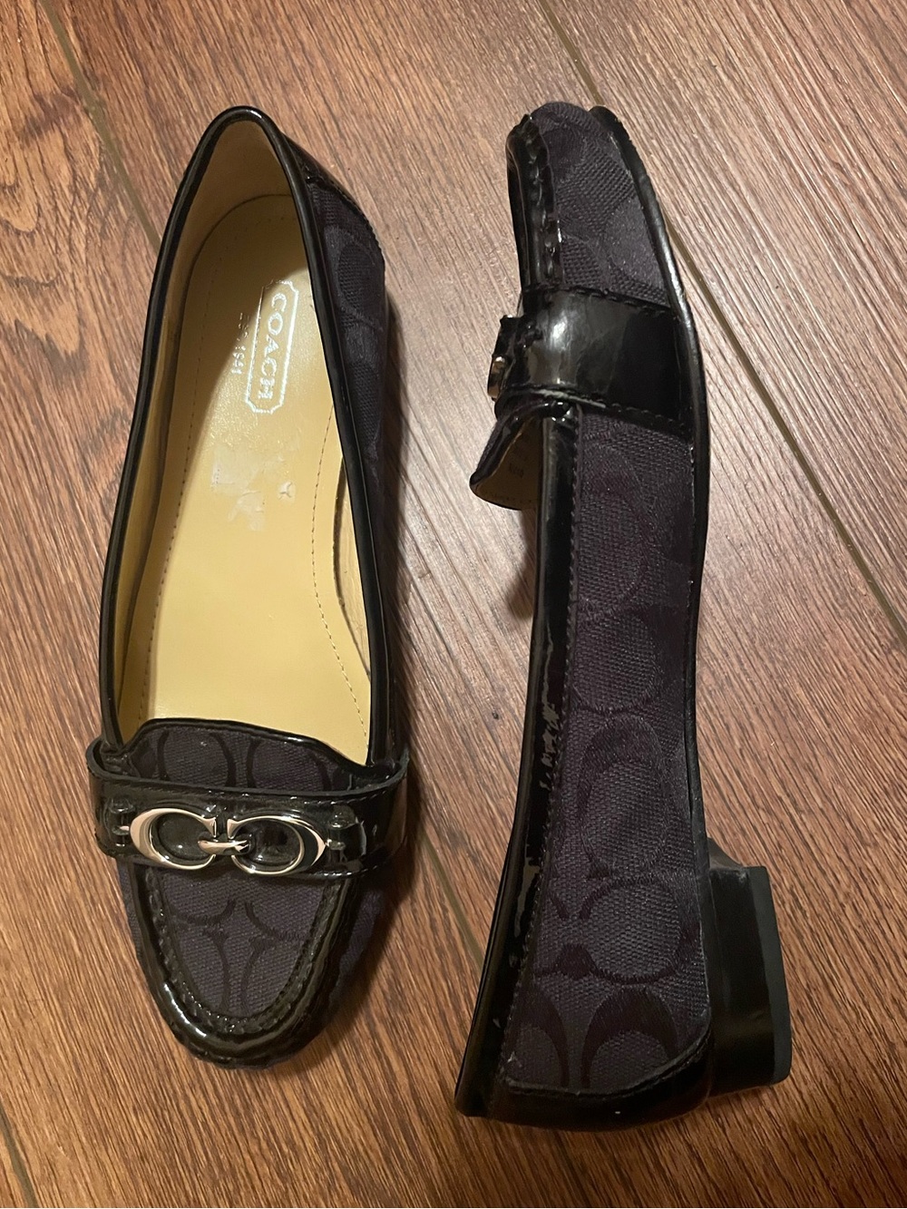 Coach Eloise Signature Black Logo Print Patent Trim Loafers Silver Buckle